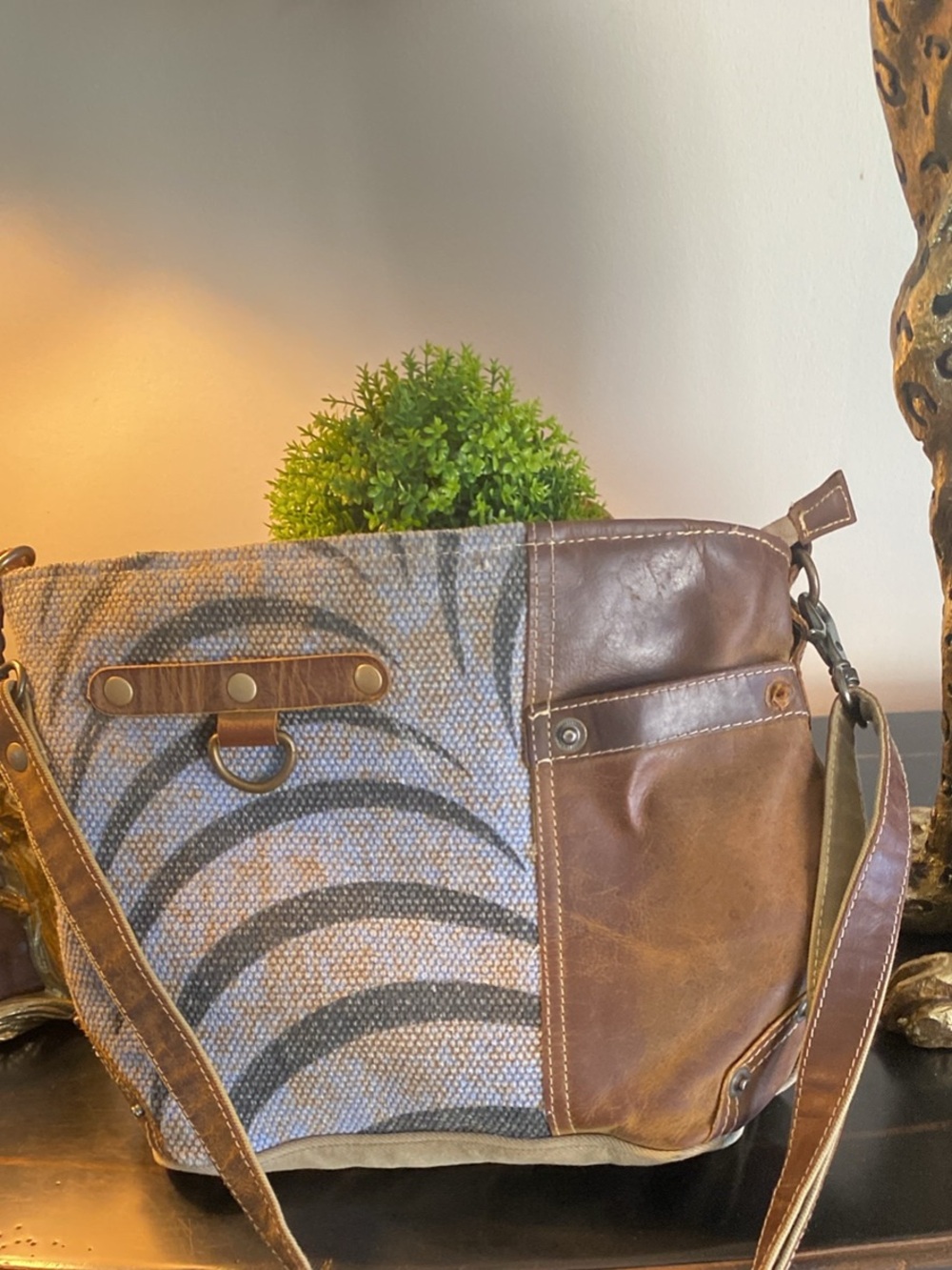 Brown Leather and Canvas Crossbody Shoulder Bag